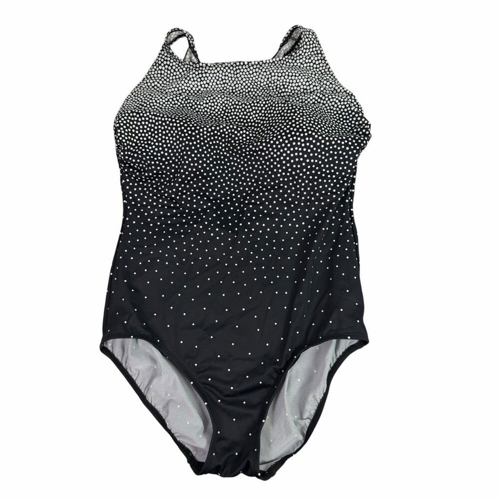 Great Lengths Polka Dot Ombré One Piece Swimsuit Black White Long Torso Size 16